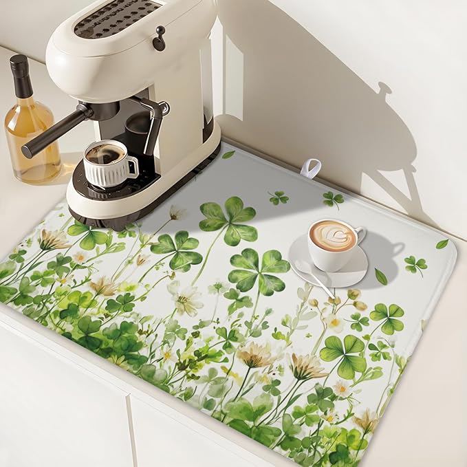 ABSOP St Patrick's Day Dish Drying Mat 18 x 24 Inch Green Clover Dish Drainer Rack Mat Absorbent Microfiber Mats for Shamrock Dish Pad Spring Lucky Dish Pad for Kitchen Bar Decor