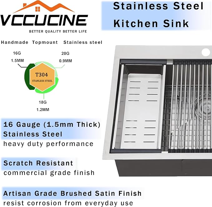 VCCUCINE 33x22 Inch Drop In Kitchen Sink,Overmount Stainless Steel Single Bowl Workstation Laundry Sink Top mount 2 Hole Farmhouse Kitchen with Cutting Board & Accessories