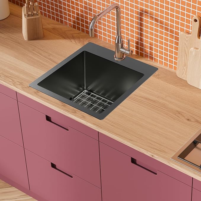 Black Kitchen Sink,15x17 Inch Bar Sink Stainless Steel Drop In Small Kitchen Sink Ideal Choice For Small Spaces Topmount Sink With Bottom Grid,Soap Mat And Drain Assembly Serve Both Kitchen And Bar