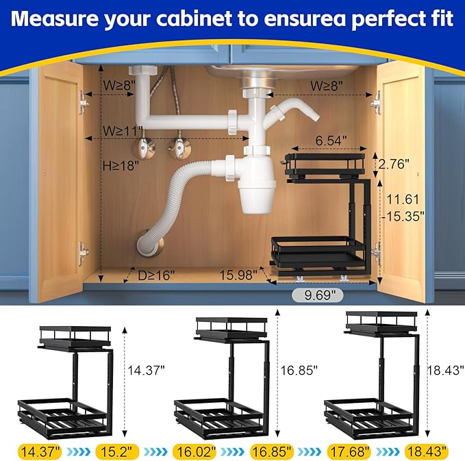 Under Sink Organizer, Dual-Rail Ball-Bearing, Under Kitchen Sink Organizer, 6-Level Adjustable, Under Cabinet Organizer, No-Drill Adhesive/Suction, Under Sink Storage (Matte Black, 2-Pack)