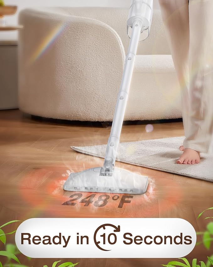 LABIGO 10-in-1 Steam Mop with Detachable Handheld Steamer, 350ml Tank, 10s Heat-Up, 248°F Steam Cleaner, 3-Level Control and Swivel Head for Floors, Carpets, Tiles, BBQ grill Multi-Surface Clean White
