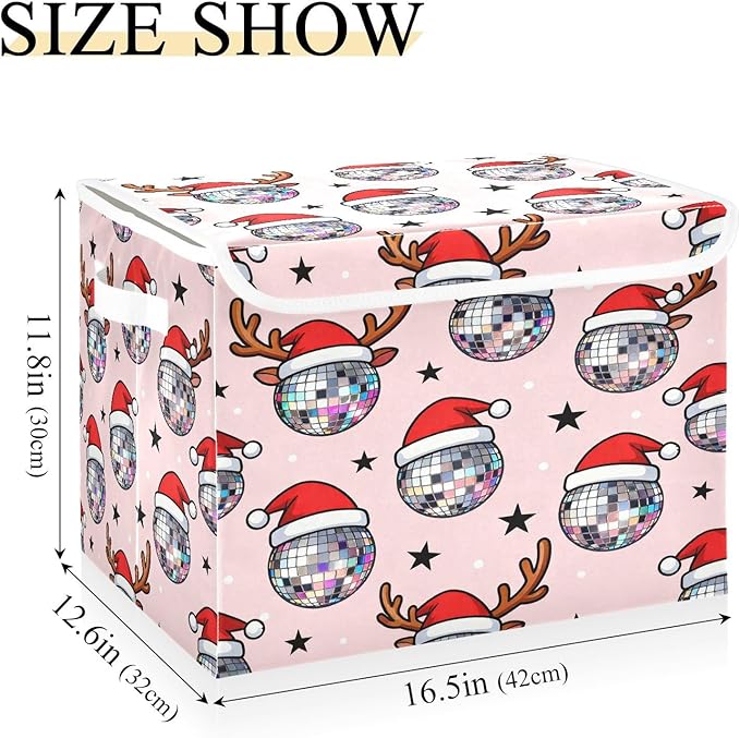Christmas Disco Ball Santa Reindeer Storage Bins with Lids Foldable Storage Basket with Handles Collapsible Large Fabric Organizer Containers for Clothes Shelves Closet Office Home