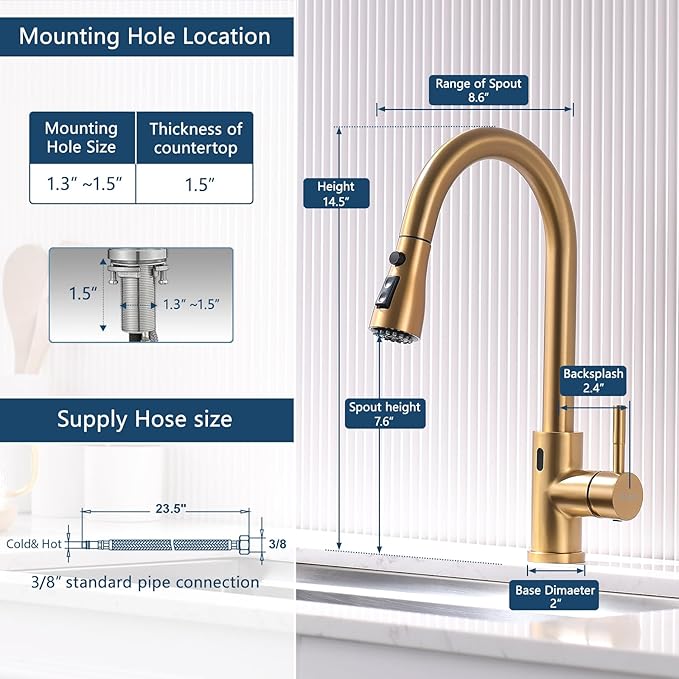 GIMILI Touchless Gold Kitchen Faucet with Pull Down Sprayer Motion Sensor Hands-Free Smart Activated Brushed Gold Brass Sink Faucets