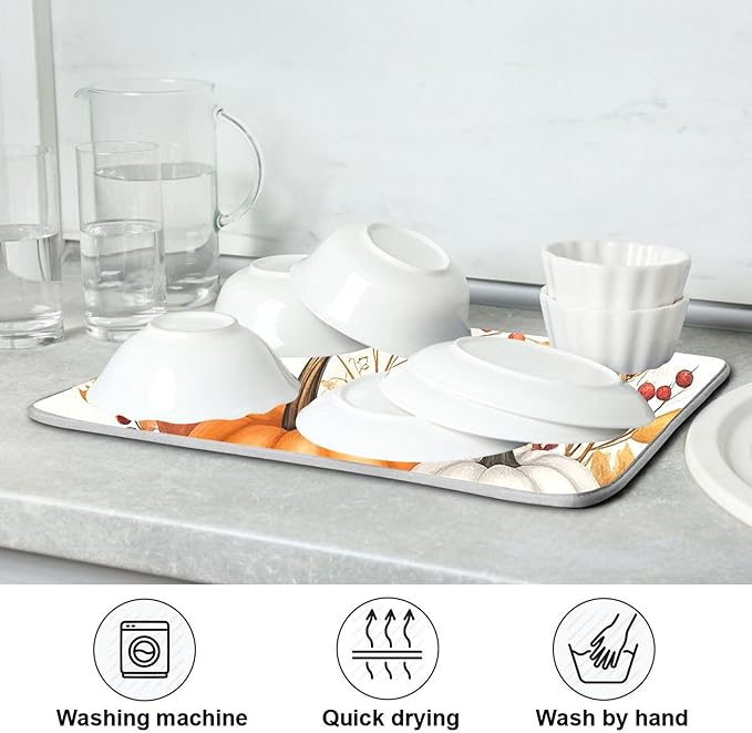 Hello Pumpkin Dish Drying Mat for Kitchen Countertop 16x18 Fall Harvest Leaves Berry White Small Drying Mat Reusable Quick Dry Dish Sink Mats Easy Clean Decorative Essentials