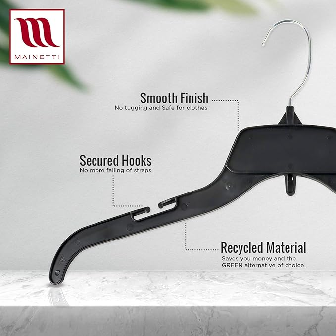 Mainetti 484 Recycled Black Plastic Hangers - 20 Pack with Rotating Metal Hook and Notches for Straps, Great for Shirts/Tops/Dresses, 17-Inch