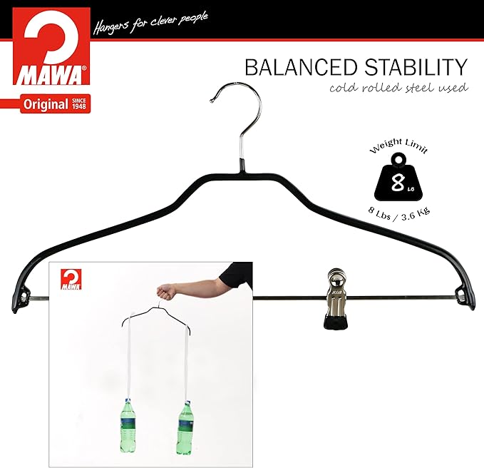 Mawa by Reston Lloyd Silhouette Series Non Slip Space Saving Hanger with Pant Clips, Style 40/FK, Set of 70, Black