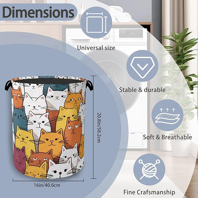 Funny Cat Laundry Basket,Foldable Oxford Cloth Tote Bag Laundry Hamper Clothes Storage Bucket Organizer for Bedroom Laundry Storage Dormitories 16" x 20.8"