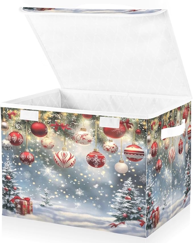 Storage Bins with Lids, Merry Christmas Foldable Storage Cube Boxes Fabric Storage Organizer Basket for Home, Bedroom, Office, Closet (16.5x12.6x11.8)