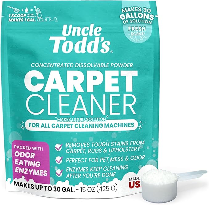 Uncle Todd's Carpet Cleaner Powder for Machines | Makes 30 Gallons of Carpet Cleaner Solution | Enzyme Formula Carpet Deodorizer | Removes Pet Odors & Stains | Safe for Carpets, Rugs & Upholstery