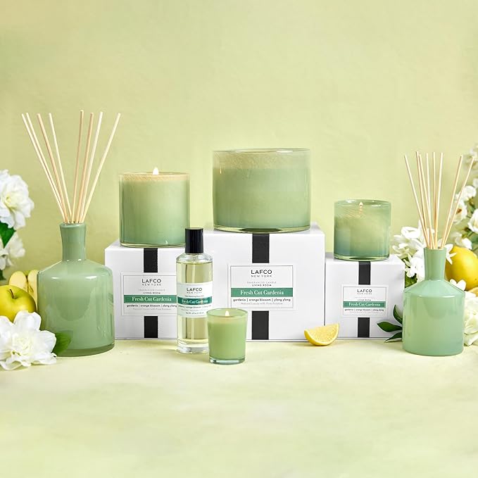 LAFCO New York 3-Wick Candle, Fresh Cut Gardenia - 30 oz - 120-Hour Burn Time - Reusable, Hand Blown Glass Vessel - Made in The USA