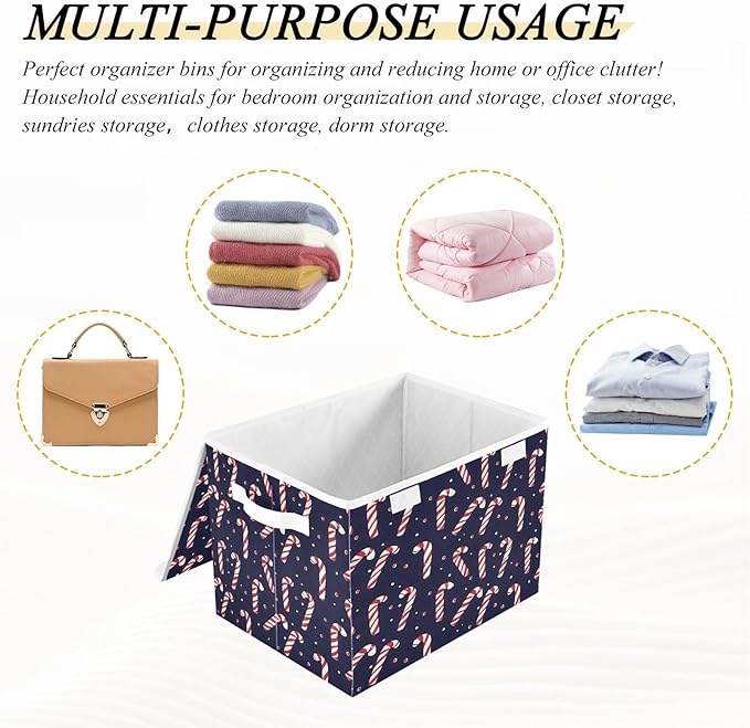 Bolaz Storage Bins with Lids and Handles,Christmas Candy Cane Pattern Storage Box Basket with Cover Collapsible Organizer Containers for Home Closet, Shelves