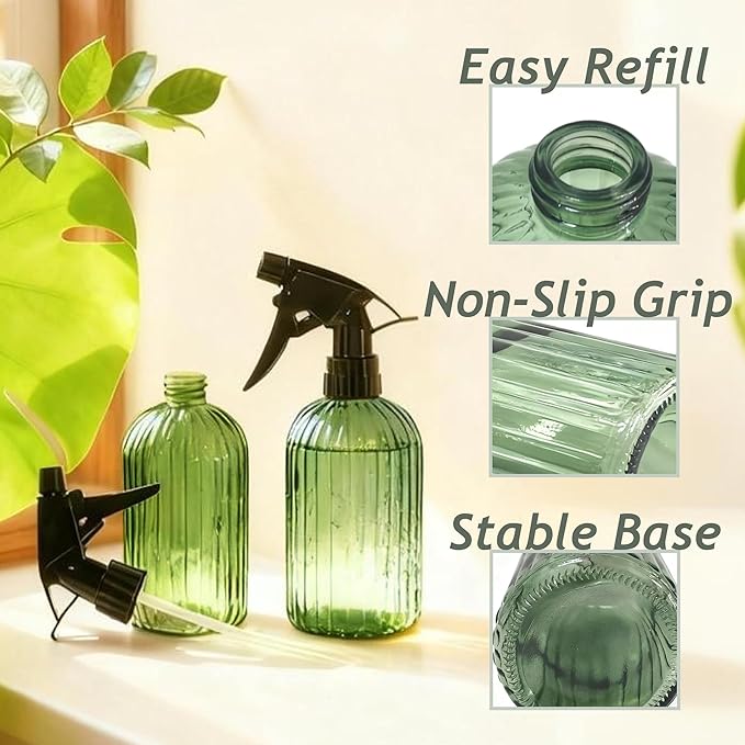 Green Glass Spray Bottle, Refillable Indoor Plant Mister,13.5oz Water Spray Bottle with Adjustable Nozzle,Plant Mister Spray Bottles for Indoor Plants, Cleaning, Hair Care, Pets Care(2pcs)