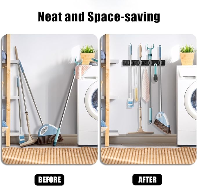 Mop Broom Holder Wall Mount, Black Stainless Steel Tool Storage Organizer with 5 Slots 6 Hooks for Home Kitchen Garden,Broom Storage Tool Organizer for Garage Closet Laundry
