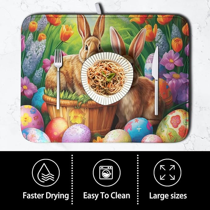 Kwlegh Easter Bunny Eggs Dish Drying Mat for Kitchen Counter, Tulip Floral Flower Drying Mat Spring Summer Holiday Dish Mat Drying Kitchen Mat Absorbent Kitchen Drying Mat for Sink 16x18Inch