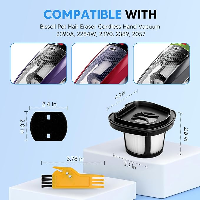 2284W 2390A Vacuum Replacement Filter for Bi-ssell Pet Hair Eraser Filter Hand Vacuum 2390 2389 2579, Compared to Part # 1614212 1614203 1614204 (2 Mesh Filter and 4 Foam Filter)