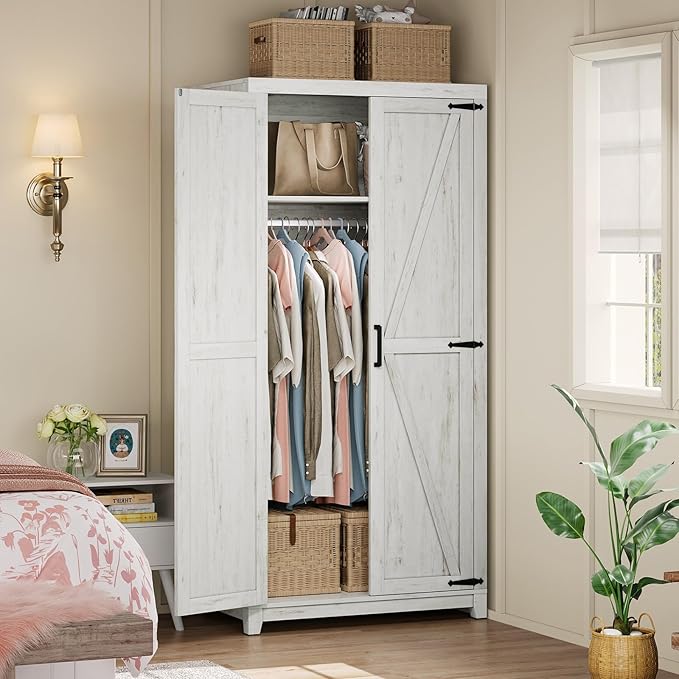 AMERLIFE Farmhouse Armoire Wardrobe Closet with 2 Barn Doors, 71'' Storage Cabinet with Hanging Rod & Shelf, Versatile Clothing Storage for Bedroom, White