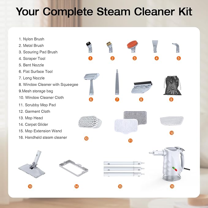 ScrubWiz 10-in-1 Steam Cleaner, Steam Mop & Detachable Handheld Steam Cleaner, 320ml Water Tank, 10s Fast Heating, Portable Steamer for Kitchen, Floor, Tiles, Home, BBQ, Ergonomic Handle, Bright White