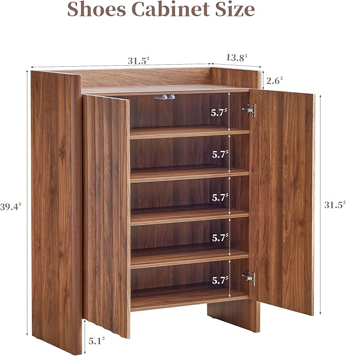 Fluted Shoe Cabinet, 5-Tier Shoe Storage Cabinet with Doors,Freestanding Hidden Shoe Cabinet Organizer, Narrow Shoes Storage Rack for Entryway (Walnut)