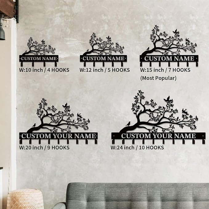 Personalized Custom Name Birds of Trees Wall Key Hooks,Metal Birds of Trees Art Clothes Hooks,Metal Birds of Trees Wall Home Storage Decorative,For Front Door, Hallway, Kitchen, Bedroom(Style B)