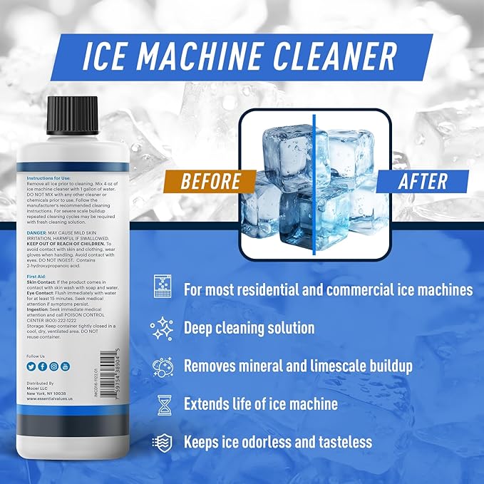 Essential Values Ice Machine Cleaner and Descaler 16 fl oz - Nickel Safe Countertop Ice Maker Cleaner - Compatible with Major Brands (Scotsman, KitchenAid, Affresh, etc.) - 6 pack