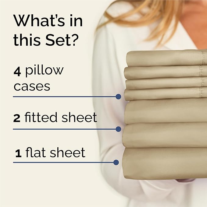 Split King 7 Piece Sheet Set - Comfy Breathable & Cooling - Ultra-Soft Hotel Luxury Bedding Set w/ 8-16 Inch Deep Pockets - 1 Flat & 2 Fitted Sheet & 4 Pillowcases - Wrinkle Free & Easy Care - Beige