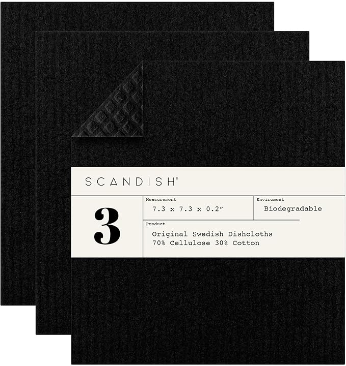 SCANDISH Black Swedish Dishcloths for Kitchen - Set of 3 Swedish Dish Cloths | Swedish Dish Towels Made in Sweden | Reusable, Compostable Black Dishcloths for Kitchen