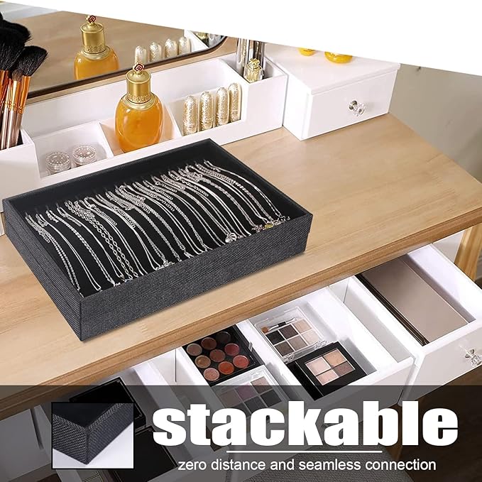 Julysky 2 Pcs/set Stackable Jewelry Organizer Trays，Necklace Tray+Necklace Tray, Jewelry Displays for Selling,Black