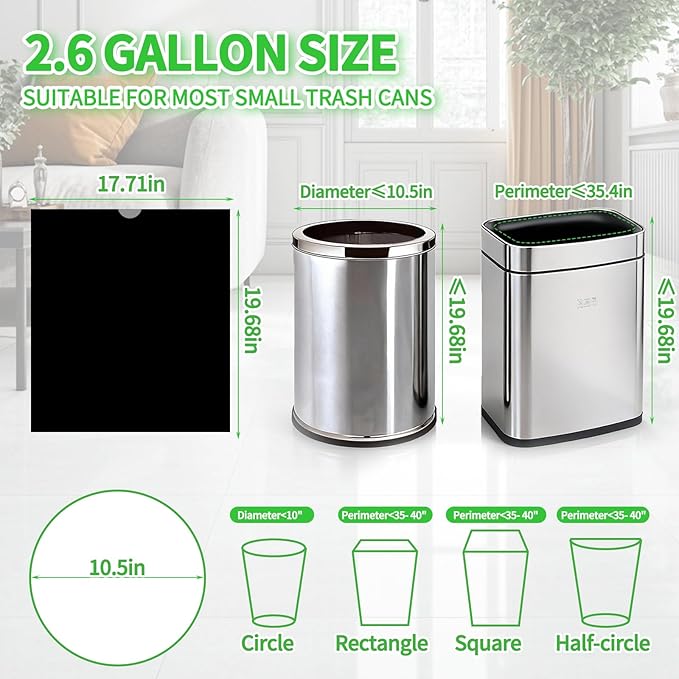 100 Count Small Drawstring Trash Bags for 2.6-Gallon (10 L) Trash Cans, Thick Pre-separated Garbage Bags,Mini Wastebasket can Liners for Bathroom Bedroom Office(Black)