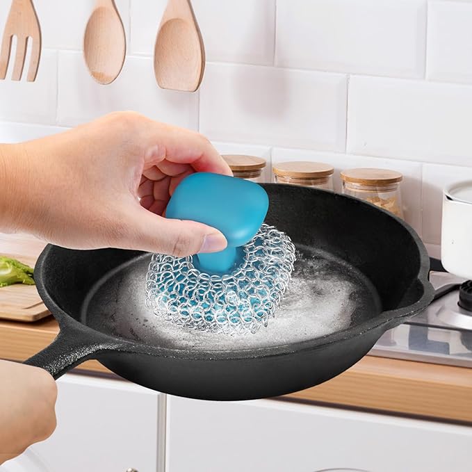 Purgreat Cast Iron Scrubber | Dish Scrub Brush | 316 Cast Iron Cleaner Chainmail Scrubber for Pan Skillet Cleaner - Dish Scouring Pad Dishwasher Safe Cleaning Kit, Blue