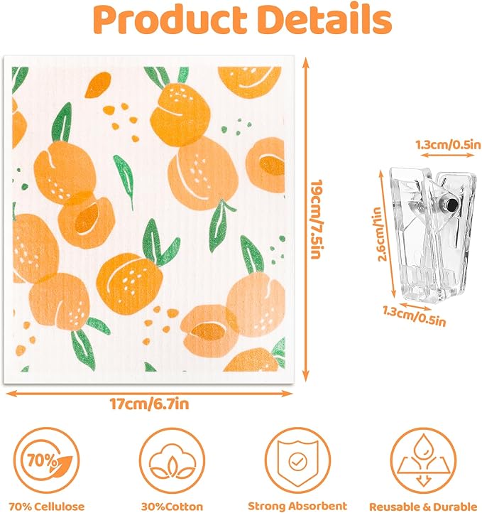 6 Pack Fruit Swedish Dishcloths for Kitchen,Swedish Rags Dish Towels with Clips, Reusable Paper Towels Washable Absorbent Cellulose Sponge Cloths for Cleaning Home Valentines Gifts for Women