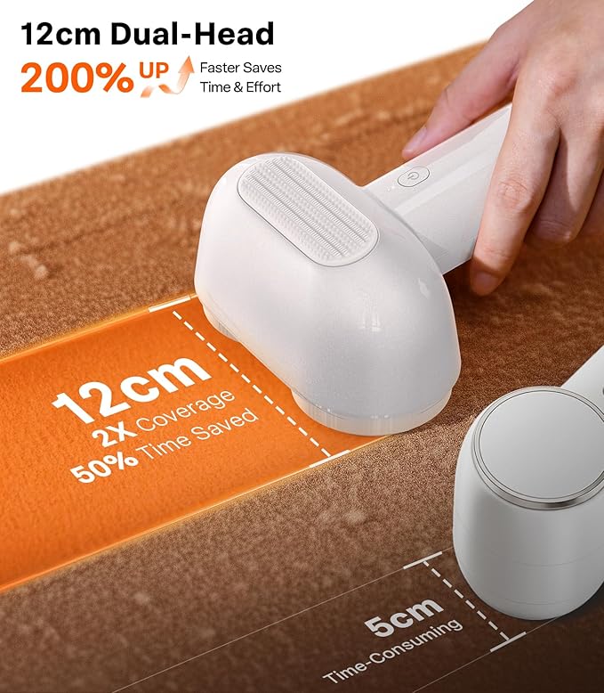 TORRAS Dual-Head Fabric Shaver, Longest Durability & 50ml Large Capacity Rechargeable Lint Removers to Remove Pills, 6-Leaf Blades Defuzzer, Electric Shaver for Clothes Couch Furniture, Pearl White