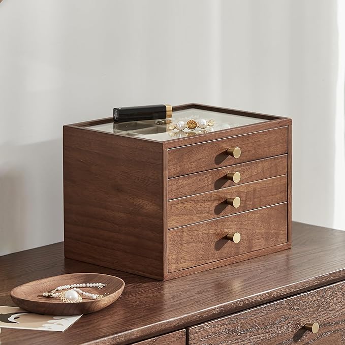 Homruilink Black Walnut Wooden Jewelry Box for Women large 4 Layer Drawer Organizer Box with Glass Lid for Necklaces, Watch, Necklace, Ring, Earring Storage - Valentine's Day Gifts