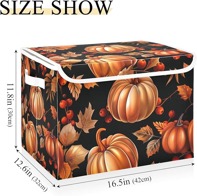 Thanksgiving Baskets Collapsible Storage Bins with Lids, Autumn Pattern Pumpkins Storage Boxes Clothes Baskets for Organizing