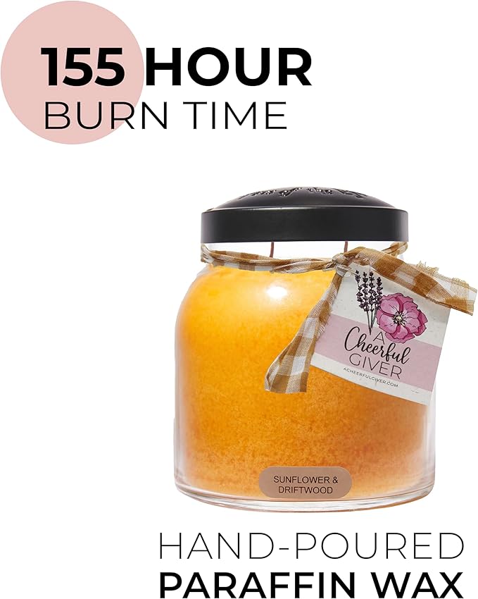 A Cheerful Giver - Sunflower & Driftwood - 34oz Papa Scented Candle Jar with Lid - Keepers of The Light - 155 Hours, Gift Candle, Yellow, Big Candles for Home Decoration