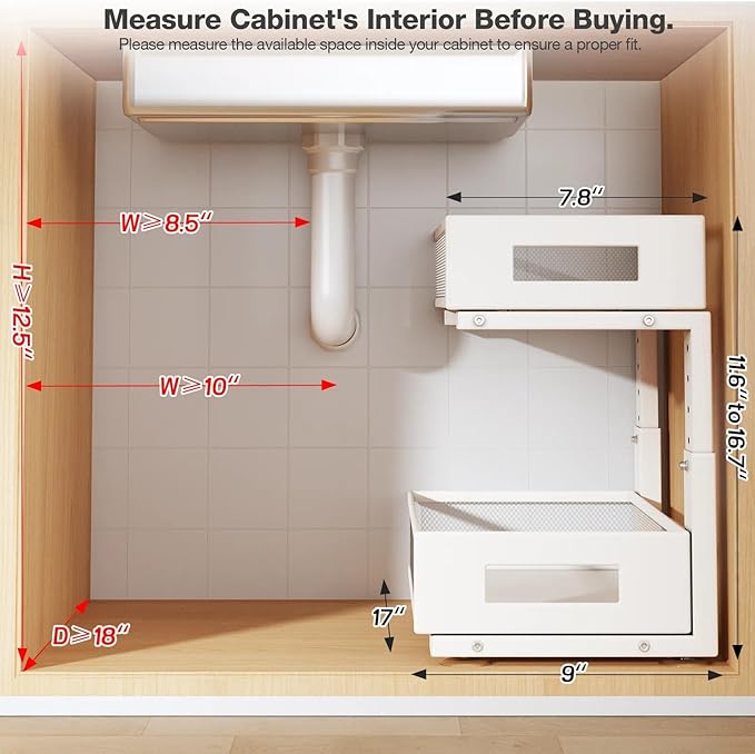 1 Pack 17IN Depth Under Sink Organizer, 2-Tier Pull Out Cabinet Organizer With Smooth Circular Rail, Large Capacity Metal Mesh Sliding Drawers For Bathroom& Kitchen Storage,Height Adjustable –White
