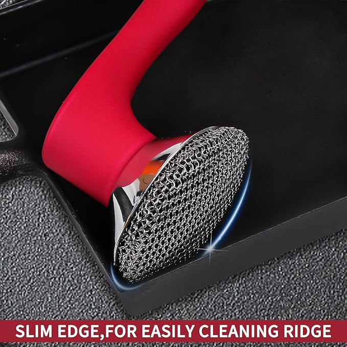 Cast Iron Cleaner Scrubber with Long Handle - Welded Fine Chain Mail Cast Iron Grill Scrubber Brush-Chainmail Sponge Scrub Cleaning Tool to Clean Skillets, Pan,Griddle, Wok, Dutch Oven