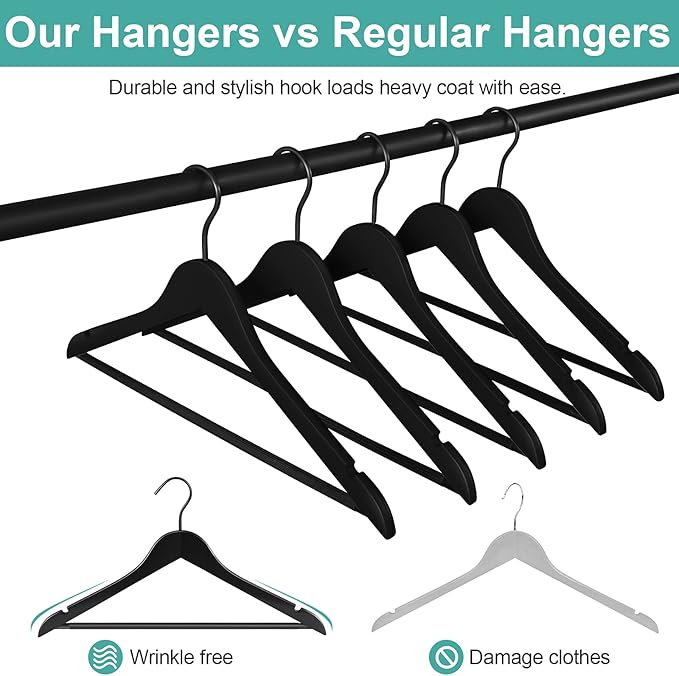 Grade A Real Wood Hangers 20 Pack, Suit, Coat, Solid Wood Construction, Smooth Finishes, Non-Slip Pants Bars, Soft Coated Hooks, 360° Swivel Hooks, Premium Quality Wooden Hangers (Black)