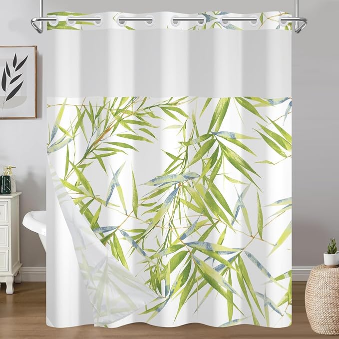 Grass Green Bamboo Leaves Shower Curtain and Liner Set, Waterproof Washable Fabric No Hook Shower Curtain, Modern Nature Botanical Aesthetic Bathroom Curtains with Top Sheer Window, 71x74 Inch