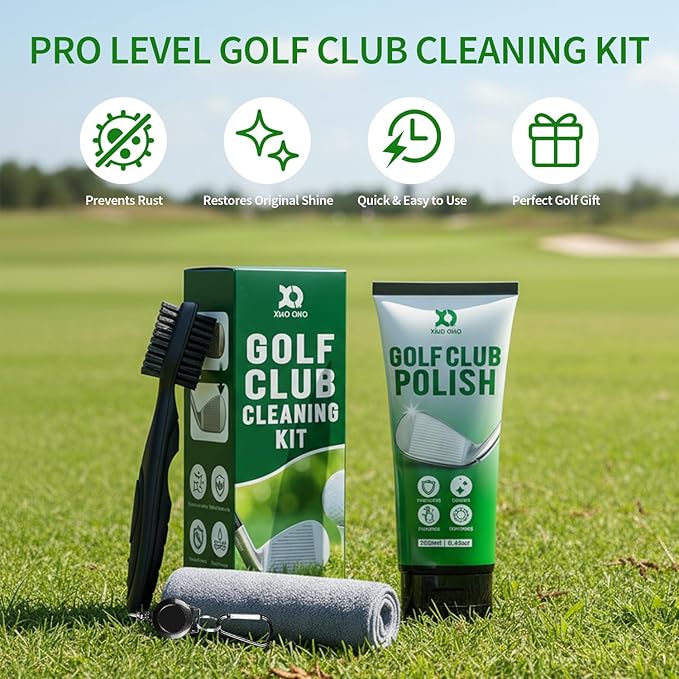 XQ XIAO QIAO Golf Club Cleaning kit, 3-in-1 Easy to Use Golf Club Cleaner Includes 250ml Golf Club Polish, Golf Club Brush and Groove Cleaner 2 ft Retractable Zipline Carabiner, Microfiber Cloth