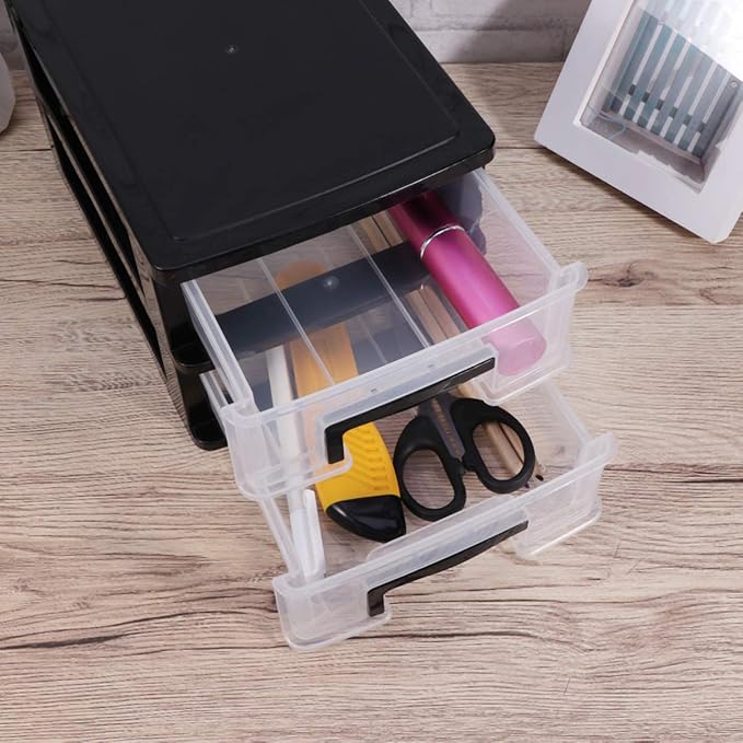 Wakauto 2-Tier Clear Desktop Organizer with Drawers -Stackable Storage Box for Makeup,Office Supplies & Crafts,Modern Black Frame and Transparent Design 8.4"X5.9" X 5.1"