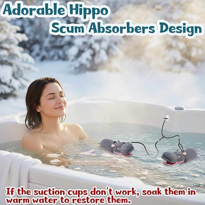 Hippo Hot Tub Scum Absorber Reusable Washable Scum Absorber for Spa Hot Tub Accessories Pool Oil Absorbing Sponge (2 Pack, Hippo)