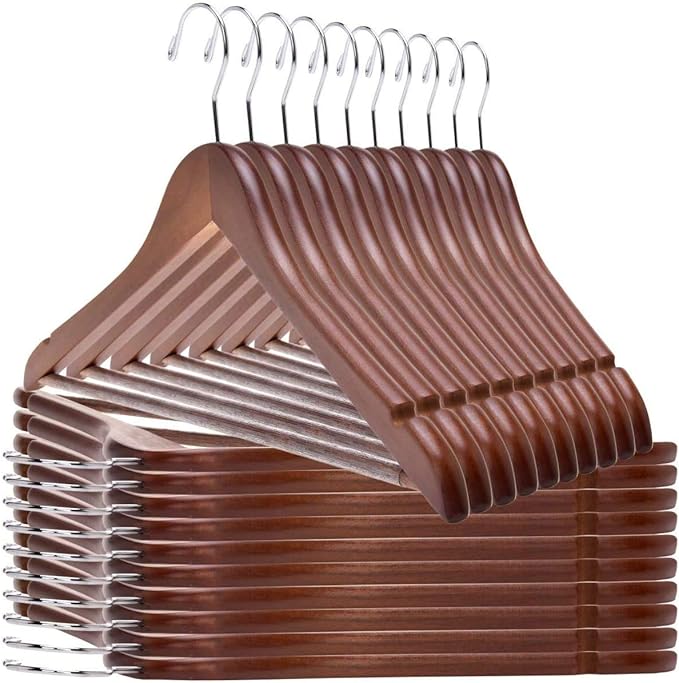 Quality Wooden Hangers - Slightly Curved, Solid Walnut Coat Hangers with Chrome Hooks - Heavy-Duty, 90 Pack Sets for Clothes, Jackets, Shirts, Pants, Suits