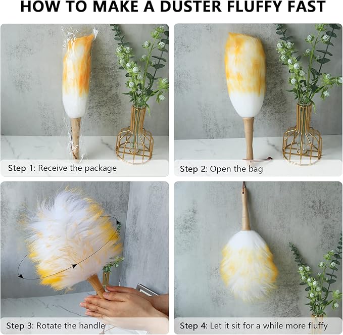 iHUFeather Lambs Wool Duster for Cleaning Window Blinds Computer Furniture TV Computer Screens Bookshelves Solid Wooden Handle Natural Feather Duster,16'', Yellow&White
