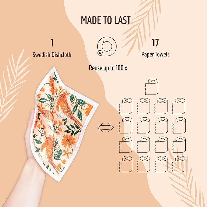 Augine Swedish Dishcloths for Kitchen, 5 Pack Reusable Paper Towels Washable, Super Absorbent Kitchen Towels, No Odor Dish Rags, Biodegradable, Quick Drying, Dishwasher Safe