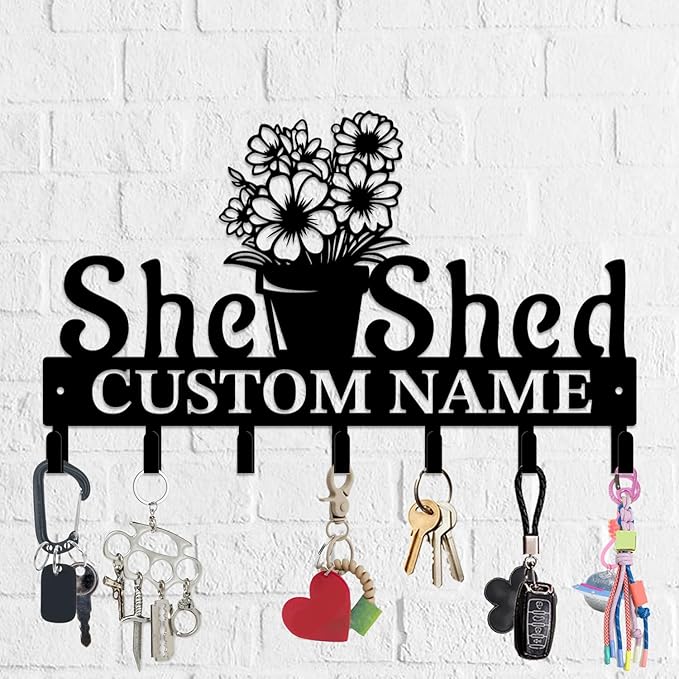 Personalized She Shed Metal Keys Hooks,Custom Name Metal She Shed Keys Hooks,Black Metal She Shed Wall Home Storage Decorative Keys Hooks,Key Holder Hooks for Wall (Style J)