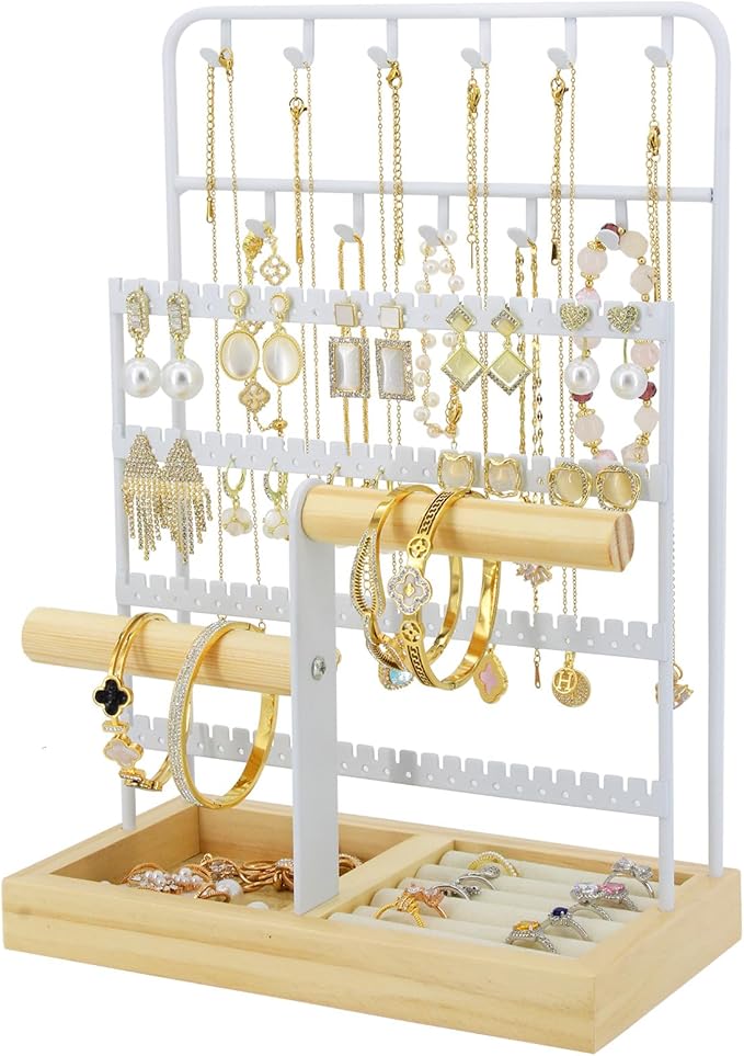 JONKASIPA Jewelry Holder Organizer Stand 4-Tier Necklace Stand Earring Holder with Wooden Tray, Jewelry Rack for Bracelets Watches and Rings Display Stand, Gifts for Women & Girls-White