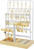 JONKASIPA Jewelry Holder Organizer Stand 4-Tier Necklace Stand Earring Holder with Wooden Tray, Jewelry Rack for Bracelets Watches and Rings Display Stand, Gifts for Women & Girls-White