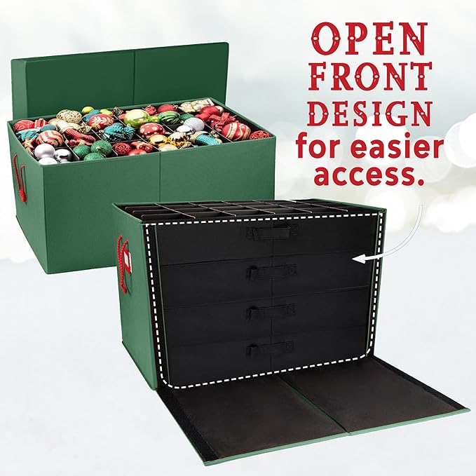 HOLDN’ STORAGE Christmas Ornament Storage Box with Dividers, Stores Ornaments up to 96 of 3 Inch Large Christmas Ball Storage Containers with 4 Trays - Green
