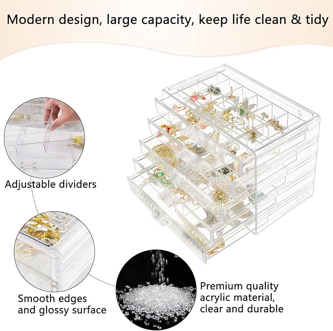 Weiai Clear Acrylic Jewelry Organizer, 90 Grids Adjustable Dividers Earrings Rings Storage Box