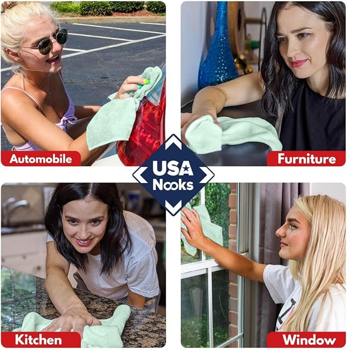 USANOOKS Microfiber Cleaning Cloth - Sea Green - 8Pcs (12.5x12.5 inch) High Performance - 1200 Washes, Ultra Absorbent Car Towel Traps Grime & Liquid for Streak-Free Mirror Shine - car Washing Cloth